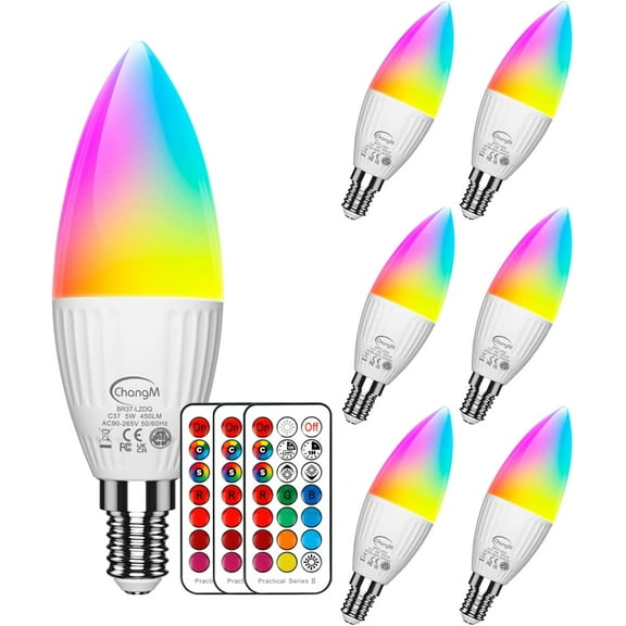 E12 LED Light Bulbs 5W, 40W Equivalent, Small Base Candelabra Light Bulbs, Set of 6 LED Color Changing Light Bulbs, Dimmable Color LED Bulb RGB Warm White 2700K