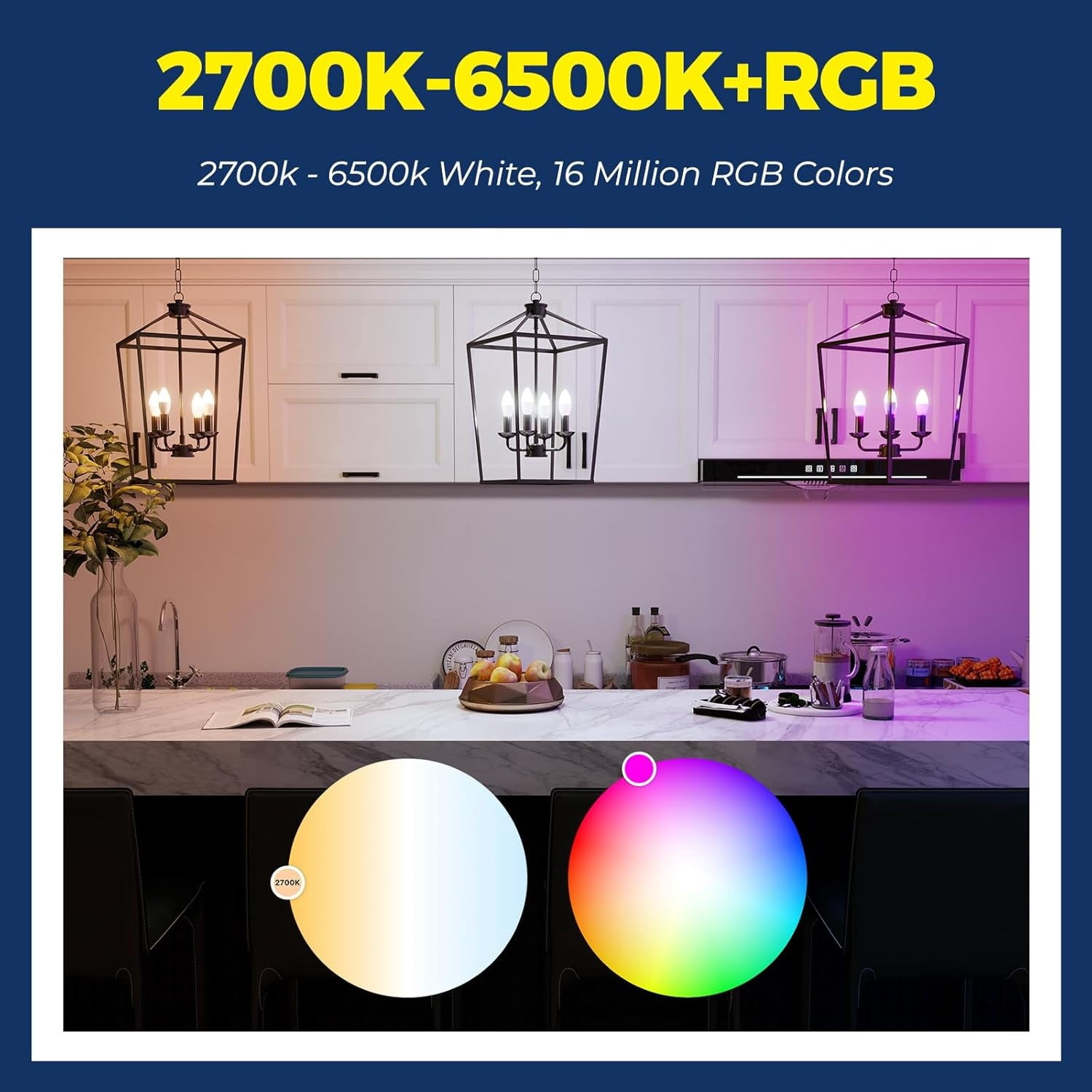 E12 Smart Light Bulbs 60W Equiv., Work with Alexa/Google Home/Smart Life, 500LM 6W RGBCW Candle Candelabra LED Light Bulbs, No Hub Required, 2.4G WiFi Bluetooth Bulb, ETL Listed, 6PCS