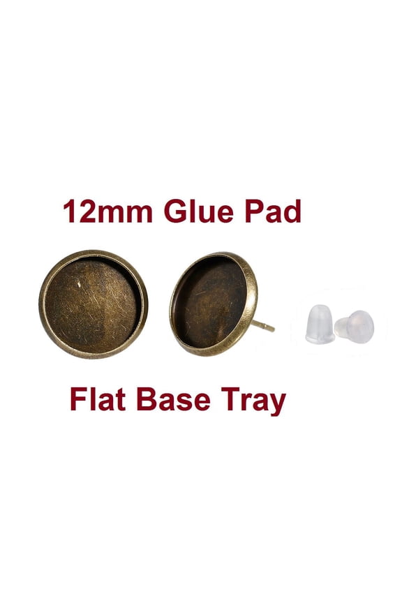 E120 - 50 pcs. Antique Bronze Earring Posts Studs Settings Bezels Cabochons Tacks- 12mm Glue Pad Setting - Flat Base Tray