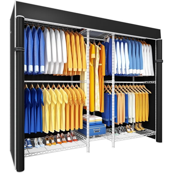 E12C Heavy Duty Closet Organizer System,Freestanding Clothing Racks for Hanging Clothes,Adjustable Garment Rack 71" W x 16" D x 76.5" H Hold 960 lbs,White Clothing Rack with Black Dustproof Cover