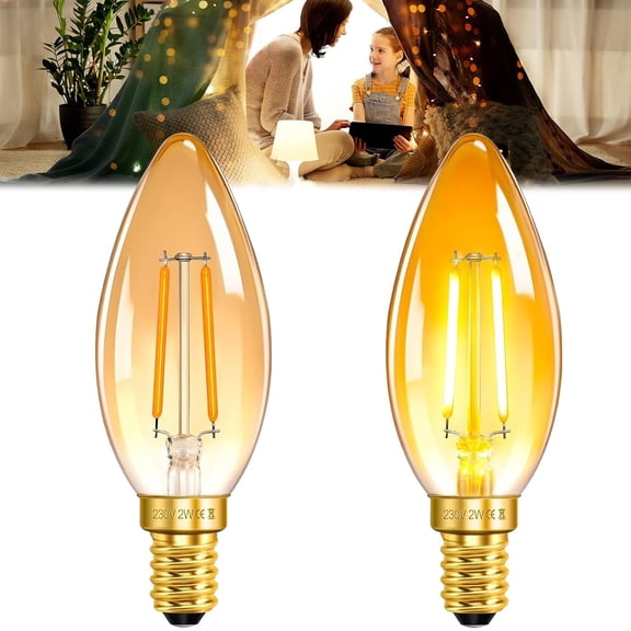 E14 LED Candle Bulb 2W Warm White 2200K, C35 Amber Small Edison Screw Bulb SES, 20W Equivalent, 200LM Non Dimmable Vintage Filament Light Bulb for Chandelier, Salt Lamp, Night Light, 2 Pack