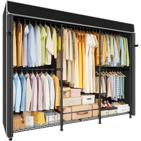 E14C Pro Heavy Duty Closet Organizer SystemFreestanding Clothing Racks for Hanging ClothesAdjustable Garment Rack 69" W 16" D 77" H Hold 960 lbsBlack with Black Dustproof Cover