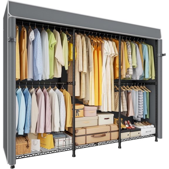 E14C Pro Heavy Duty Closet Organizer System,Freestanding Clothing Racks for Hanging Clothes,Adjustable Garment Rack 70.1"W × 16.6"D × 76.4"H Hold 960 lbs,Black Rack with Grey Dustproof Cover