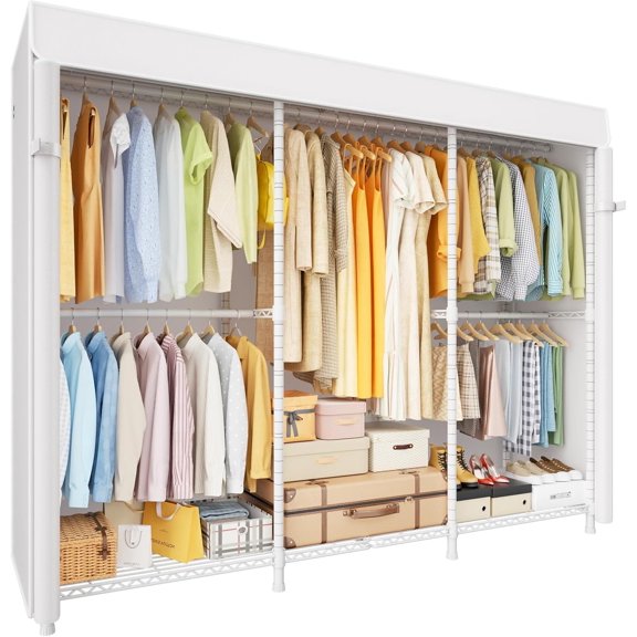 E14C Pro Heavy Duty Closet Organizer System,Freestanding Clothing Racks for Hanging Clothes,Adjustable Garment Rack 70.1"W × 16.6"D × 76.4"H Hold 960 lbs,White Rack with White Dustproof Cover