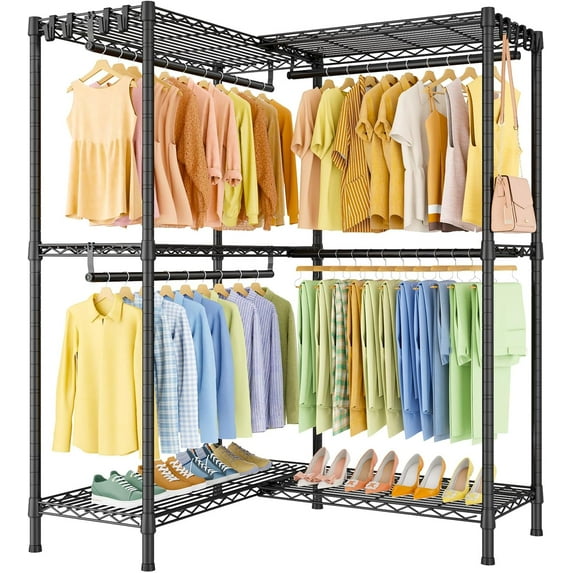 E15 Garment Rack L Shaped Clos Rack for Corner,Freestanding Clothing Racks for Hanging Clos,Heavy Duty Closet Organizer with 4 Hanging Rods & 8 S Hooks,43.3" W x 29.4&