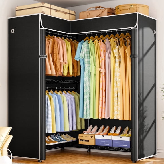 Ulif E15C Heavy Duty Freestanding L-Shaped Clothes Rack and Garment Organizer with Black Dustproof Cover, 43.4"W x 15.8"D x 78.4"H, Black