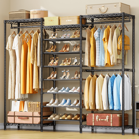 ULIF E16 Heavy Duty Metal Clothing Rack with 7-Tier Adjustable Shoe Shelves, Freestanding Wardrobe Organizer, 69"W x 15.8"D x 76.2"H, Black