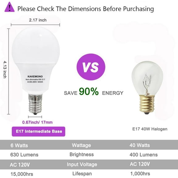 E17 Intermediate Base 6W LED Bulbs, 60watts Halogen Equivalent, Non-Dimmable R14 Ceiling Fan Light Bulbs, Warm White 3000K,Pack of 3