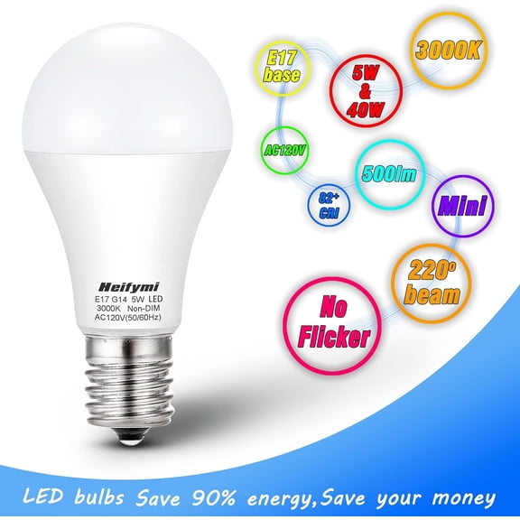 E17 Intermediate Base LED Bulbs, 3000K Warm White, 5 Watts(40W Equivalant), 500 Lumens, Non-Dimmable for Ceiling Fan Chandelier Pendant Light Bulbs(4 Pack)
