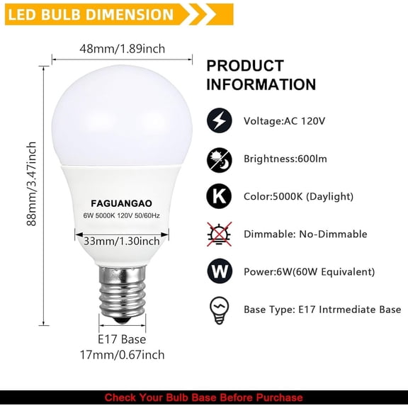 E17 Intermediate Base LED G14 Bulbs, 6W 60W Equivalent, 5000K Daylight, 600LM,Globe Light Bulbs for Ceiling Fan, Chandelier Lighting, Not Dimmable, Pack of 4