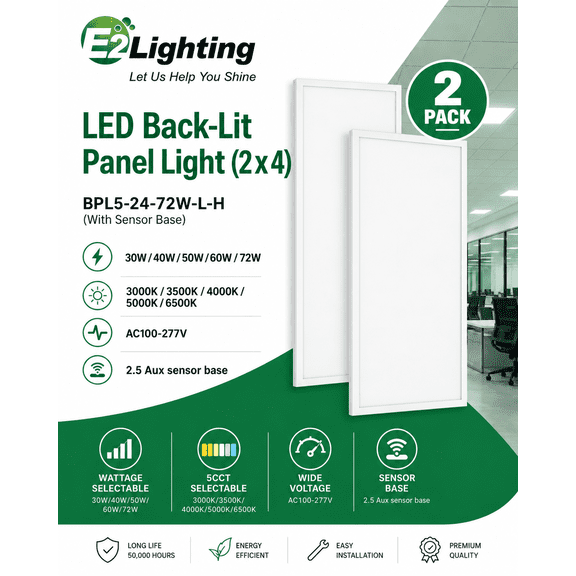E2 Lighting 2-pack 2x4 LED Back-Lit Panel Light, 30W/40W/50W/60W/72W Selectable, 5CCT, 2.5 Aux Sensor Base, 0-10V Dimmable