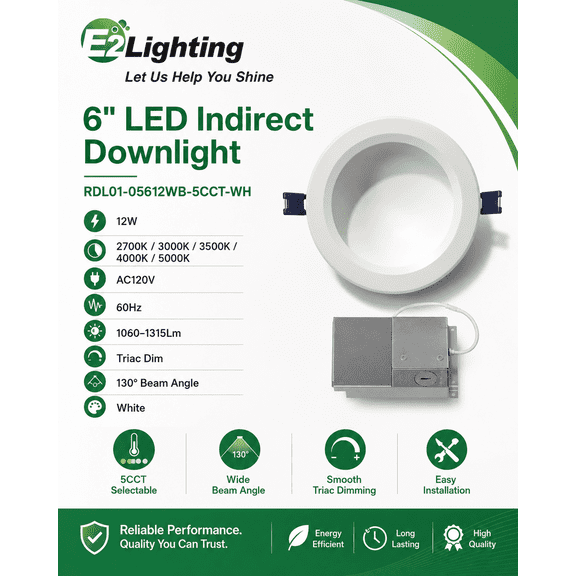 E2 Lighting 6 Inch 12W Indirect LED Downlight, 1315 Lumens, 5CCT Selectable, TRIAC Dimmable, 130 Wide Beam, White