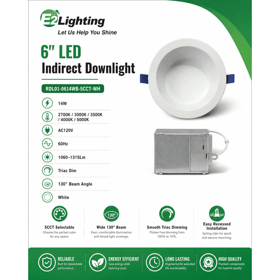 E2 Lighting 6 Inch 14W Indirect LED Downlight, 1315 Lumens, 5CCT Selectable, TRIAC Dimmable, 130 Wide Beam, White
