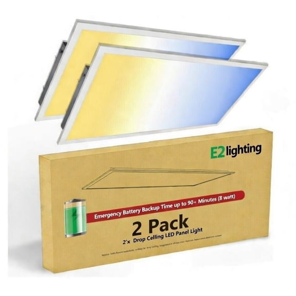 E2 Lighting Flat Panel LED Ceiling Light, 2X4 LED Edge Lite Flat Panel Light with Emergency Battery Backup, 2 Pack