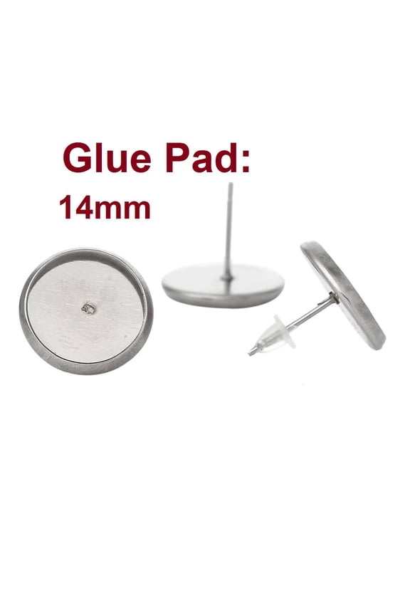 E206A - 20 pcs. Stainless Steel Earring Posts Studs Settings Bezels Cabochons Tacks - 14mm Glue Pad Setting - Hypoallergenic! Tarnish Resistant!