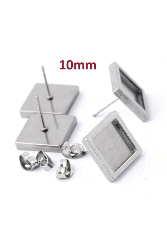 E229 - 6 pcs. Stainless Steel Silver Tone Square Earring Posts Studs Settings Bezels Cabochons Tacks- 10mm x 10mm Glue Pad Setting