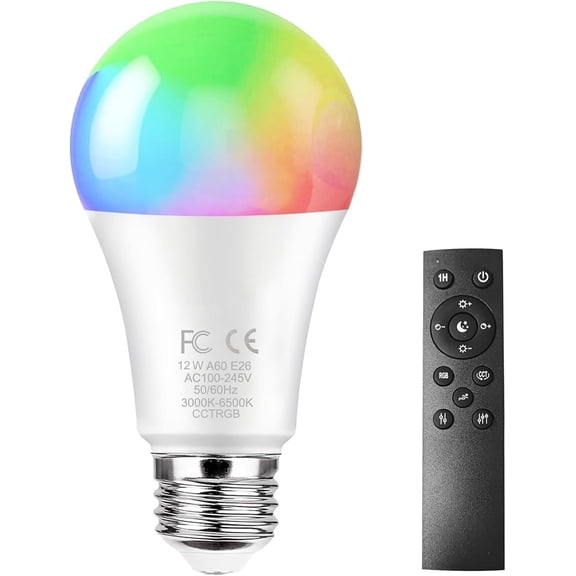 E26 12W Smart LED Bulb with a 2.4GHz Remote Control,RGBCW Color Changing Led Bulb,Stepless Dimmable 3000-6500K,100W Incandescent Lamp Equivalent,A19 1000Lumens,CRI>80,Home Decor,1 Bulb & Remote