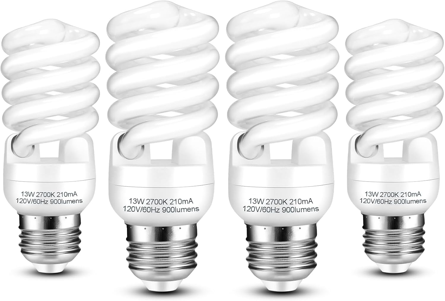 E26 CFL Light Bulbs 13Watt T2 Spiral Soft White 2700K 900lm Medium Base Compact Fluorescent Bulbs UL Approved 120v 60Hz Self Ballasted (60Watt Equivalent) Pack of 4