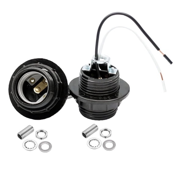 E26 E27 Light Socket,Bakelite Threaded Medium Base Lamp Holder with Shade Ring,Phenolic Medium Base E26 Fixture Socket with 6" Wire Lead for Incandescent Led Light Bulbs Replacement,Pack of 2