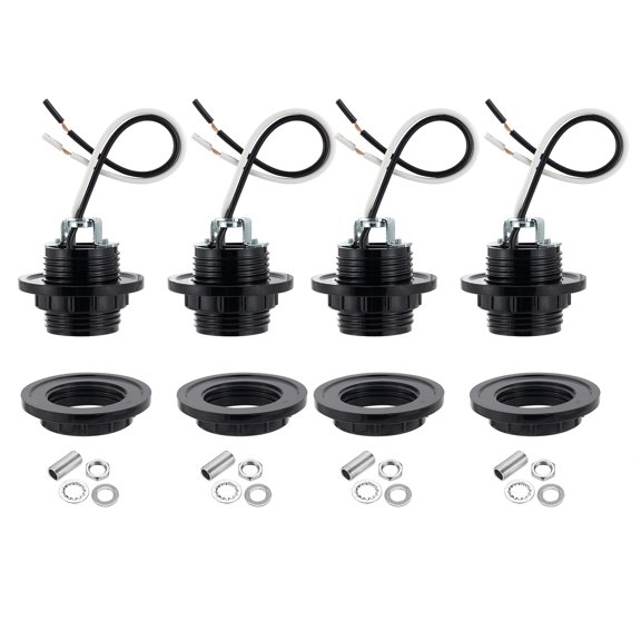 E26 E27 Light Socket,Bakelite Threaded Medium Base Lamp Holder with Shade Ring,Phenolic Medium Base E26 Fixture Socket with 6" Wire Lead for Incandescent Led Light Bulbs Replacement,Pack of 4