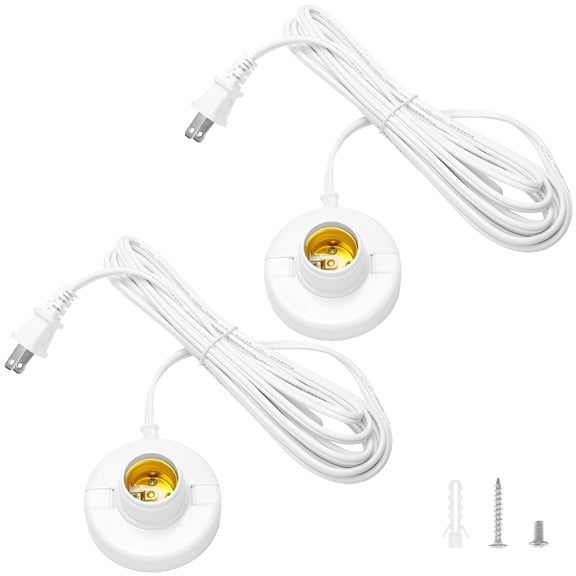 E26/ E27 Plug-in Lamp Holder with On/Off Switch | E26 Screw Light Bulb Socket | 15ft Extension Cord | All-Copper Inner Ring | 60W Max | 2-Pack
