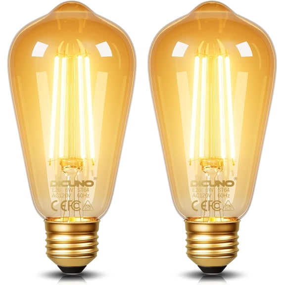 E26 Edison Bulbs 60W, 2200K Amber Warm, 6W LED Edison Bulb ST64, Amber Glass, Vintage LED Light for Home, 600LM, Non-Dimmable, CRI 80, Pack of 2