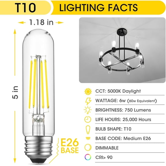 E26 LED Bulb 6W Equal 60 Watt Light Bulbs Daylight 5000K E26 Edison Bulb AC120V 750LM Dimmable 5 Inch T10 LED Bulb Tubular for Rustic Pendant, Chandeliers, Wall Sconces, Pack of 4