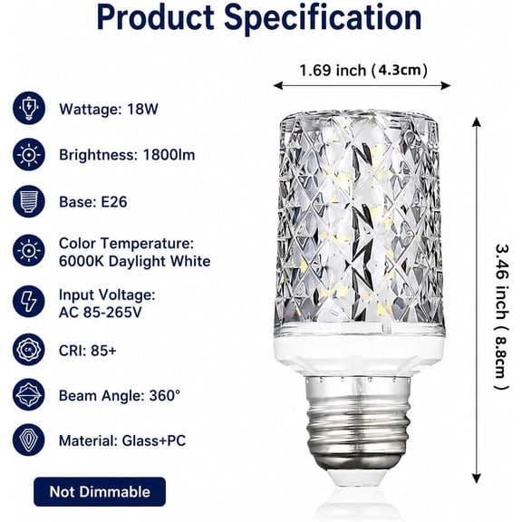 E26 LED Bulbs,Modern Craft Crystal lamp,6000K Daylight White 18W LED Light Bulbs Equivalent 100W, 360 Beam Angle,AC 85-265V, Edison Screw SES LED Corn Lamp, Not Dimmable(2 Pack)