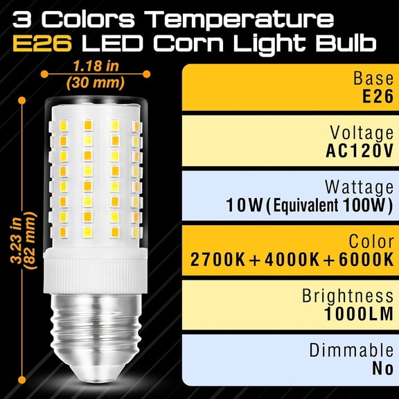 E26 LED Light Bulbs 100W Equivalent 3CCT Adjustable,2700K Warm/4000K Natural /6000K Daylight White,10W 1000LM, 3 Colors Temperature Mode E26 LED Bulbs for Ceiling Lamps Night Light,Non-Dimmable,1pack