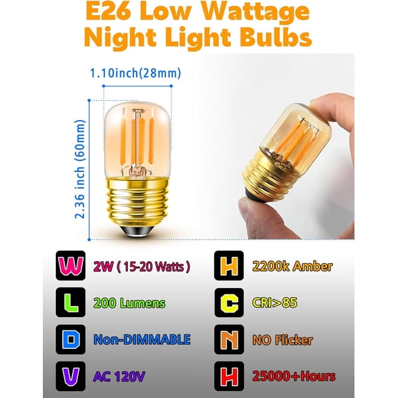 E26 Low Wattage Night Light Bulbs, 2200k Amber Warm Sleep Light Bulb 15W Equivalent, E26 Medium Base 2w 200lm T28 Mini LED Edison Bulb for Decorative Bulbs Oven Wall Sconces Lights, 2 Pack