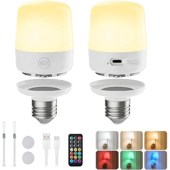 E26 Recharable Light Bulbs with Remote and Timer, Battery Backup Bulb with 12 Colors and Brightness Dimmable, 2300mAh 40W Equivalent LED Light Bulbs for Lamps Sconces Camping, 2 Pack