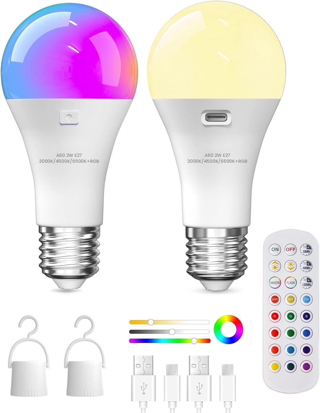 E26 Rechargeable Light Bulb with Remote Control,Battery Light Bulb,RGB Color Changing & 3 Color Temperature,Dimmable Bulb with Timer Function for Wireless Table Lamps,2 Pack(4.86" Long)