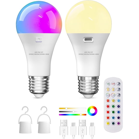 E26 Rechargeable Light Bulb with Remote Control,Battery Light Bulb,RGB Color Changing & 3 Color Temperature,Dimmable Bulb with Timer Function for Wireless Table Lamps,2 Pack(4.86" Long)