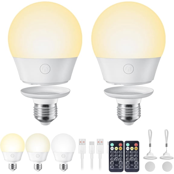 E26 Rechargeable Light Bulb with Remote Timer and 3 Color Temperatures, Battery Backup Bulb for Sconces and Lamps, E26 Detachable Charging for Non-Hardwired Fixture, Dimmer, 700LM