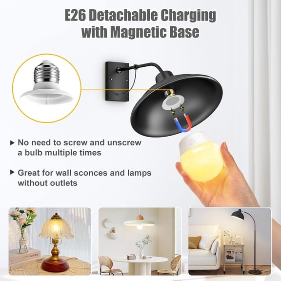 E26 Rechargeable Light Bulb with Remote Timer and 3 Color Temperatures, Battery Backup Bulb for Sconces and Lamps, E26 Detachable Charging for Non-Hardwired Fixture, Dimmer, 700LM