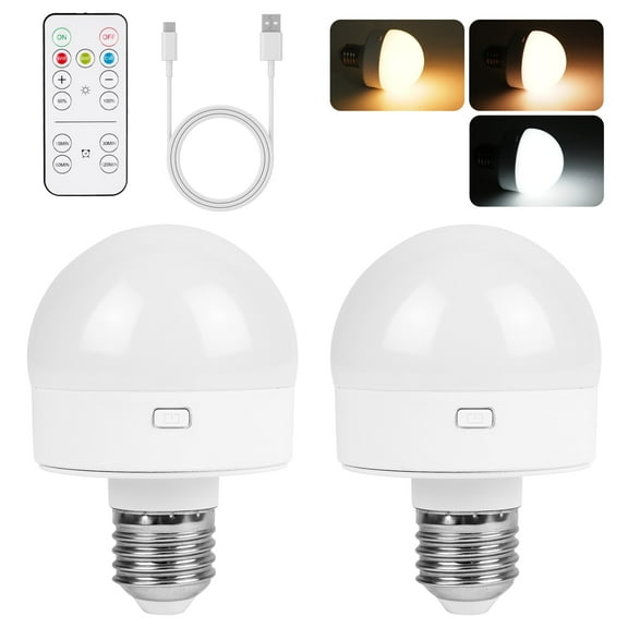E26 Rechargeable Light Bulb with Remote and Timer Battery Backup Bulb for Sconces and Lamps, Battery Operated Light Bulb for Non-Hardwired Fixture, 3 Color Temperatures, 2 Pack