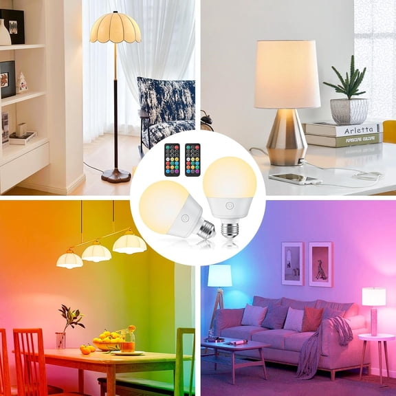 E26 Rechargeable Light Bulb with Remote and Timer, Battery Backup Bulb for Sconces and Lamps, E26 Detachable Charging for Non-Hardwired Fixture, 3 Color Temperatures + 9 RGB Colors, 4 Pack