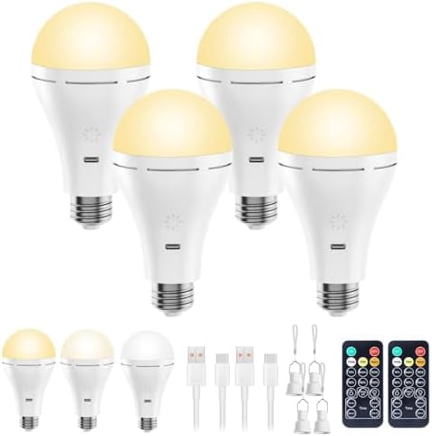 E26 Rechargeable Light Bulb with Remote and Timer, Battery Backup Bulb ...