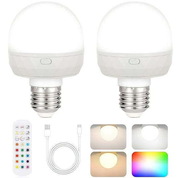 E26 Rechargeable Light Bulb with Remote and Timer, Battery Backup Bulb for Sconces and Lamps, Magnetic Bulbs for Non-Hardwired Fixture, 3 Color Temperatures + 12 RGB Colors, Dimmable, 2 Pack