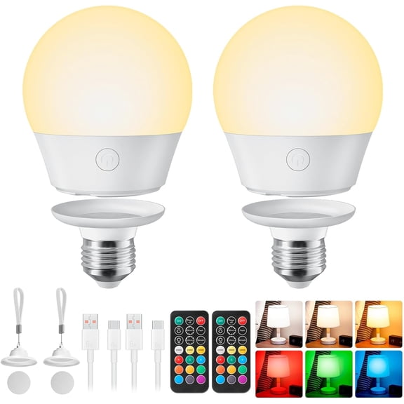 E26 Rechargeable Light Bulb with Remote and Timer, Battery Backup Bulb for Sconces and Lamps, Magnetic Bulbs for Non-Hardwired Fixture, 3 Color Temperatures + 9 RGB Colors, Dimmable, 2 Pack