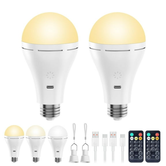 E26 Rechargeable Light Bulb with Remote and Timer, Battery Backup Bulb for Sconces and Lamps, Magnetic Bulbs for Non-Hardwired Fixture, 3 Color Temperatures + 9 RGB Colors, Dimmable, 2 Pack
