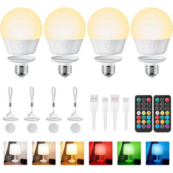 E26 Rechargeable Light Bulb with Remote and Timer, Battery Backup Bulb for Sconces and Lamps, Magnetic Bulbs for Non-Hardwired Fixture, 3 Color Temperatures + 9 RGB Colors, Dimmable, 2 Pack