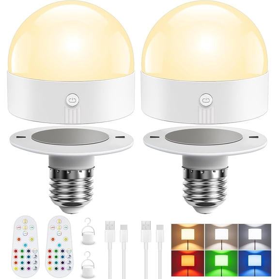 E26 Rechargeable Light Bulb with Remote and Timer, Battery Operated Bulb with 3 Color Temperatures and 15 RGB Colors, Dimmable Wireless LED Bulb for Lamps, Detachable Charging for Sconces, 2 Pack