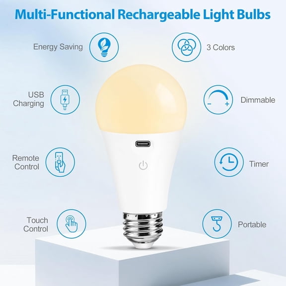 E26 Rechargeable Light Bulbs with Remote Control, Battery Operated A19 Light Bulb for Lamps, Dimmable, 3 Color Temperatures, Timer, Wireless Light Bulbs Small Size for Sconces, Non-Hardwired 2 Pack