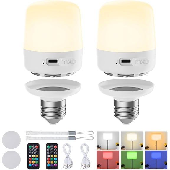 E26 Rechargeable Light Bulbs with Remote and Timer, Battery Backup Bulb with 12 Colors and Brightness Dimmable, 2300mAh 40W Equivalent LED Light Bulbs for Lamps Sconces Camping, 2 Pack