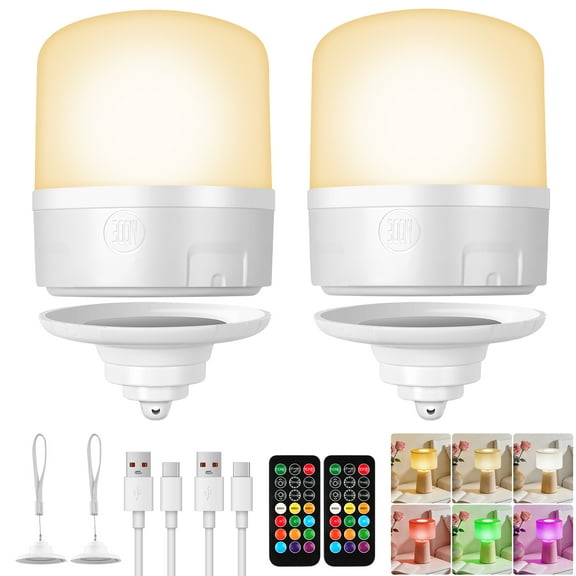 E26 Rechargeable Light Bulbs with Remote and Timer, Battery Backup Bulb with 12 Colors and Brightness Dimmable, 40W Equivalent LED Light Bulbs for Lamps Sconces Camping, 2 Pack