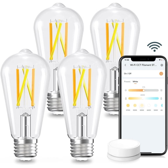 E26 Smart Edison Bulbs, 2700K-6500K Tunable WiFi Edison Bulbs with Remote Control, 8W 60W Equivalent Dimmable ST19 (ST58) Vintage Light Bulbs 800lm, Compatible with Alexa & Google Home, 4-Pack