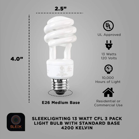 E26 Standard Screw Base 13Watt CFL Light Bulb - 3 Pack, 4200 Kelvin for Pure Cool White and 800 Lumens (65 Watt Incandescent Light Bulb Equivalent) - UL Listed