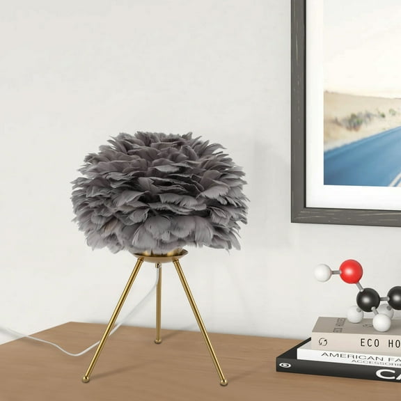 E26 lampholder Feather Lamp, Tripod Lamp, Gray Feather Table Lamp Iron And Glass With Three Supporting Feet
