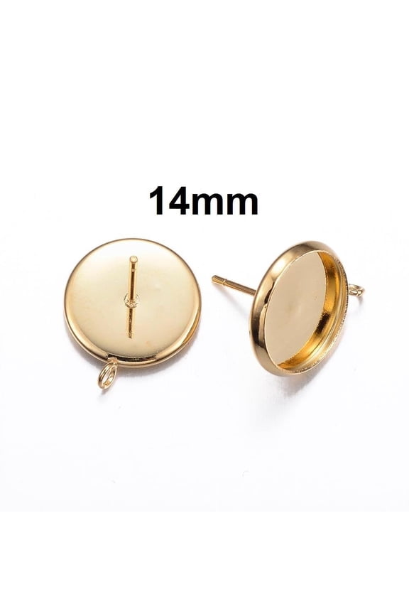 E266 - 10 pcs. 304 Stainless Steel Golden Earring Posts Studs Settings Bezels Cabochons Tacks with Perpendicular Loop - 14mm Glue Pad Setting